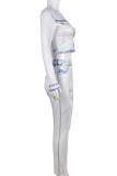 Белый Мода Твердые Пэчворк O-образным вырезом Длинный рукав Из двух частей
