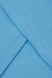 Lichtblauwe mode casual plus size effen patchwork schuine kraag onregelmatige jurk