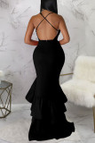 ブラック セクシー ソリッド パッチワーク フラウンス スパゲッティストラップ イブニングドレス ドレス