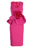 Rose Red Celebrities Elegant Solid Patchwork Flounce V Neck One Step Skirt Dresses