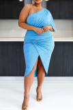 Светло-голубое модное повседневное платье больших размеров, сплошное лоскутное платье с косым воротником, нерегулярное платье