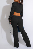 Black Sexy Solid Patchwork Draw String Fold V Neck Long Sleeve Two Pieces