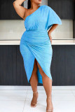 Ljusblått Mode Casual Plus Size Solid Patchwork Oblique Collar Oregelbunden klänning
