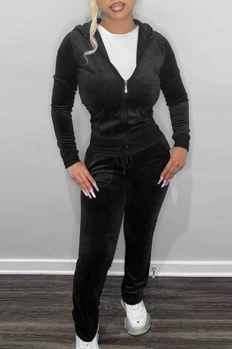 Black Casual Solid Patchwork Hooded Collar Long Sleeve Two Pieces