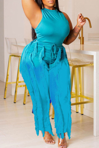 Lake Blue Sexy Solid Patchwork O Neck Two Pieces Tank Tops And Tassel Pants Sets