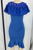 Blue Work Solid Patchwork Flounce Asymmetrical O Neck Dresses