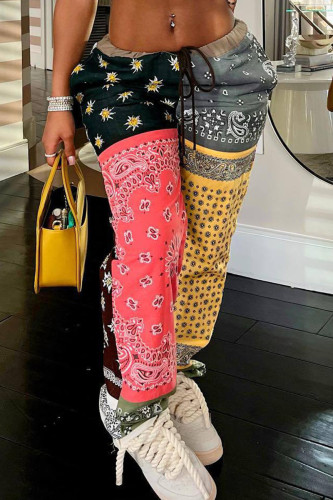 Pink Yellow Casual Graphcis Print High Waist Straight Leg Cargo Pants