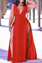 Красное модное повседневное однотонное платье в стиле пэчворк с разрезом и V-образным вырезом без рукавов