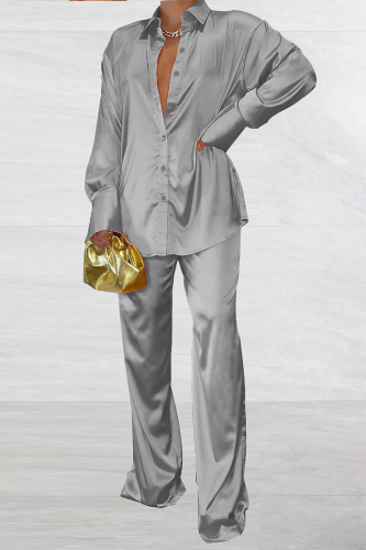 Grey Casual Solid Patchwork Turndown Collar Long Sleeve Two Pieces
