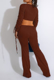 Brownness Sexy Solid Patchwork Draw String Fold Scollo A V Manica Lunga Due Pezzi