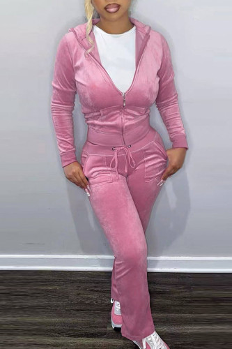 Pink Casual Solid Patchwork Hooded Collar Long Sleeve Two Pieces
