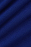 Blå sexiga solida broderade paljetter Patchwork U-halsklänningar