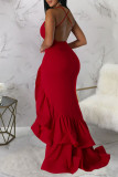 Red Sexy Solid Patchwork Flounce Spaghetti Strap Evening Dress Dresses