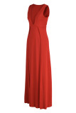 Red Fashion Casual Solid Patchwork Slit V Neck Sleeveless Dress