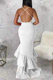 ホワイト セクシー ソリッド パッチワーク フラウンス スパゲッティストラップ イブニングドレス ドレス