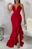 Red Sexy Solid Patchwork Flounce Spaghetti Strap Evening Dress Dresses