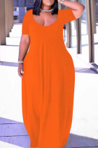 Vestido de manga corta con cuello en V de patchwork sólido de talla grande casual de moda rojo mandarina