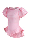 Tops con cuello en O de patchwork sólido casual de moda rosa (sin cinturón)