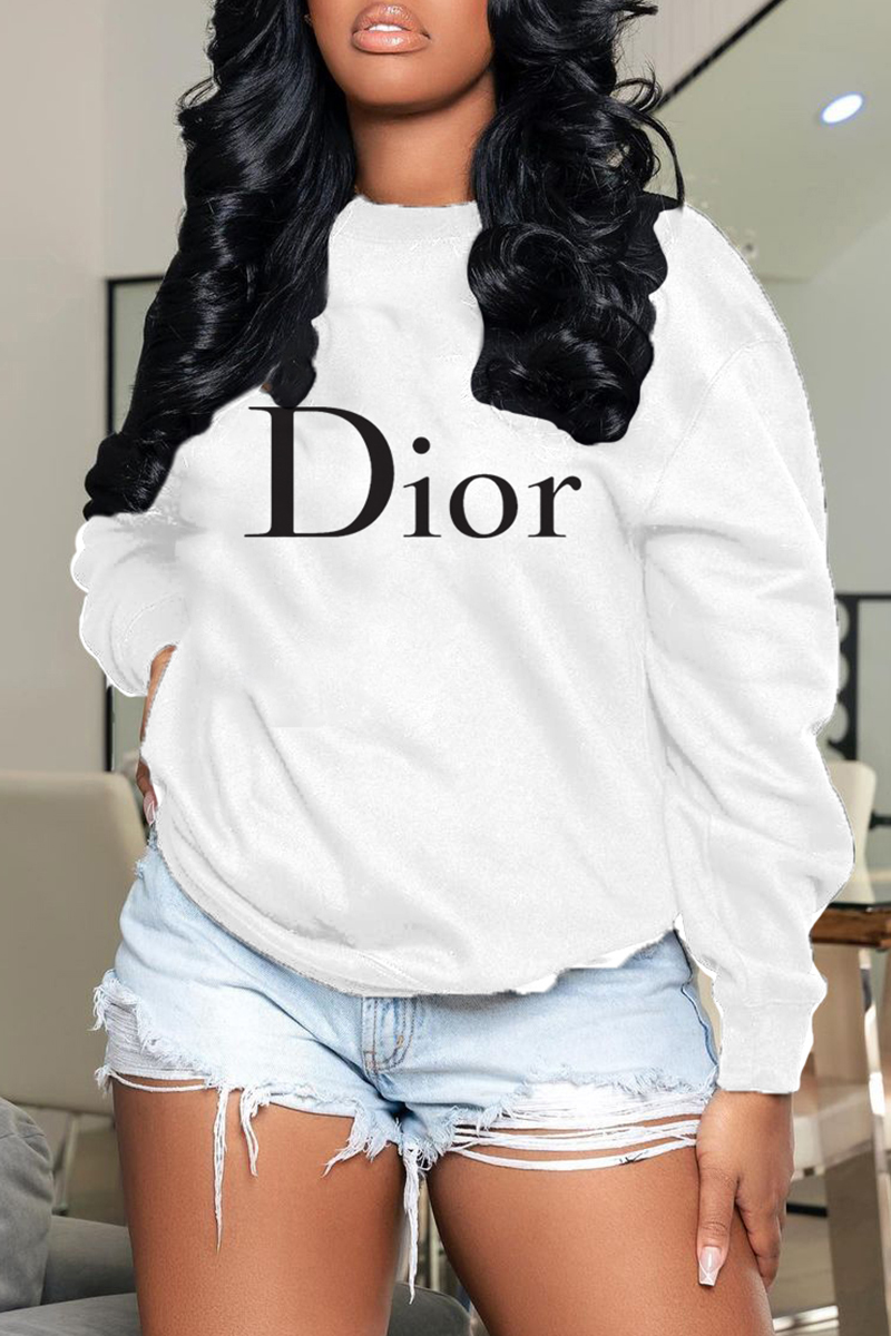 

White Fashion Street Print Letter O Neck Tops