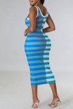 Blue Casual Striped Print Patchwork U Neck Pencil Skirt Dresses