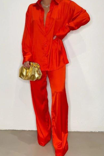Red Casual Solid Patchwork Turndown Collar Long Sleeve Two Pieces