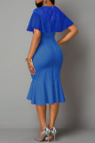 Blaue Work Solid Patchwork Volant Asymmetrische Kleider mit O-Ausschnitt