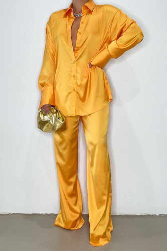 Orange Casual Solid Patchwork Turndown Collar Long Sleeve Two Pieces