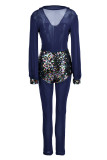 Blue Fashion Sexy Patchwork Sequins See-through V Neck Skinny Jumpsuits