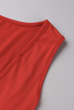 Vestido casual fashion vermelho com fenda em patchwork sólido com decote em v e sem manga