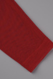 Röda sexiga solida broderade paljetter Patchwork U-hals klänningar