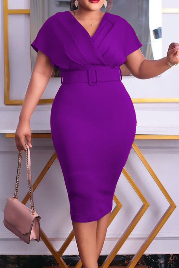 Púrpura casual sólido patchwork doblar cuello en V falda de un paso vestidos