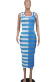 Blue Casual Striped Print Patchwork U Neck Pencil Skirt Dresses