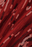 Robes à encolure en U en patchwork de paillettes brodées solides rouges sexy