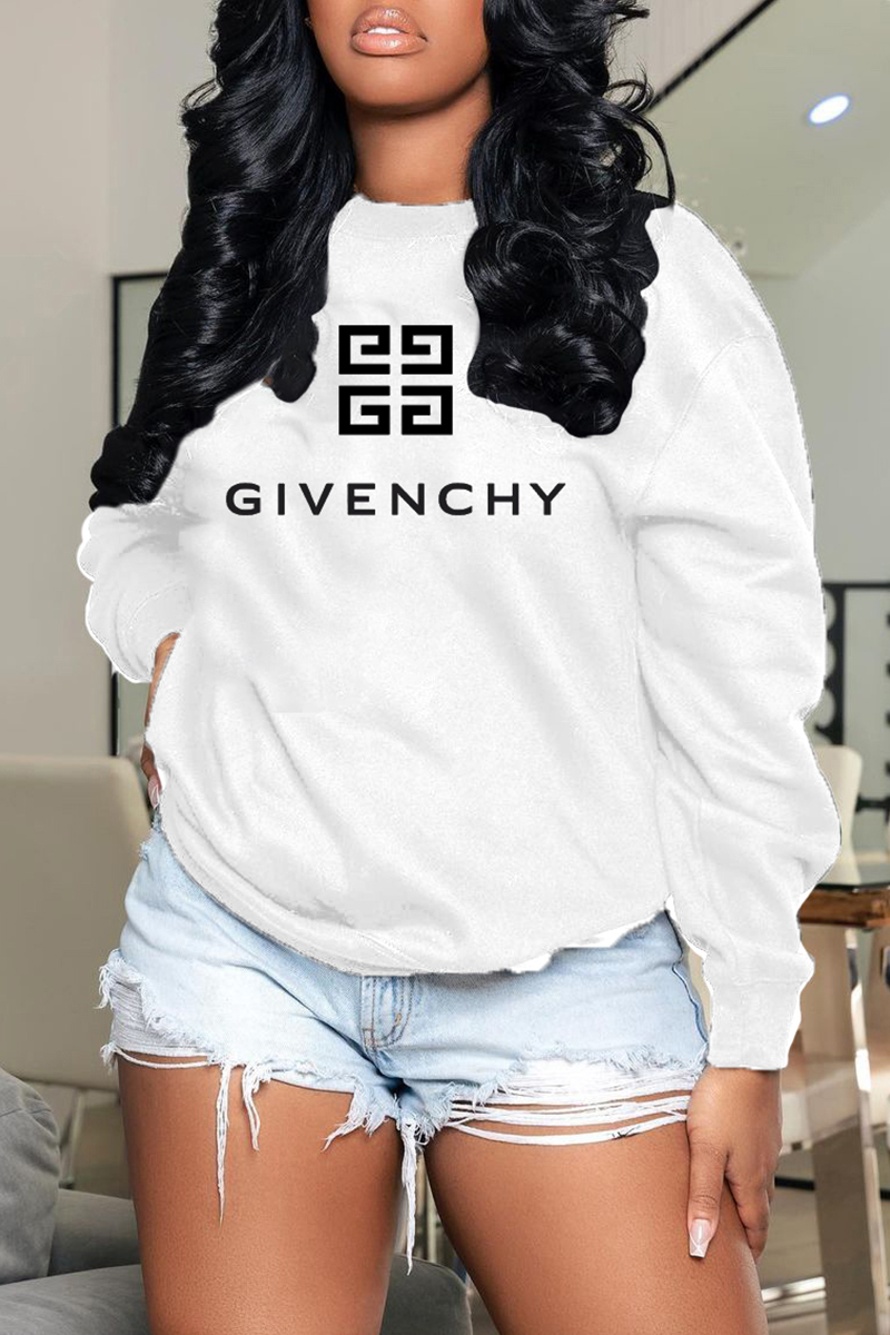 

White Fashion Street Print Letter O Neck Tops