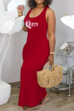 Vestido de colete vermelho fashion sexy com estampa de letras básicas decote em U