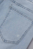 Ljusblå Casual Street Print Ripped Patchwork Plus Size Jeans