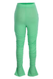 Pantalones de cintura alta regulares con pliegues sólidos casuales de moda verde