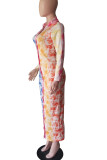 カラー ファッション カジュアル プリント パッチワーク バックル ターンダウン カラー ワンステップ スカート ドレス