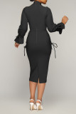 Vestidos de falda de un paso con cuello en V y pliegues de frenillo de patchwork sólido elegante negro
