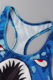 Marinblå mode Casual Sportkläder Print Patchwork U-hals ärmlös två delar
