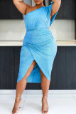 Ljusblått Mode Casual Plus Size Solid Patchwork Oblique Collar Oregelbunden klänning