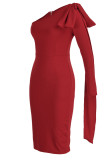 ボウ斜め襟ワンステップスカートドレス（ベルトなし）と赤のエレガントなソリッドパッチワーク