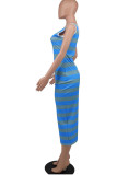 Red Casual Striped Print Patchwork U Neck Pencil Skirt Dresses