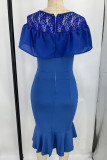 Blaue Work Solid Patchwork Volant Asymmetrische Kleider mit O-Ausschnitt