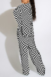 Black And White Sexy Print Patchwork Turndown Collar Long Sleeve Three Pieces