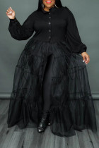Zwarte mode casual effen patchwork gesp turndown kraag plus size jurken