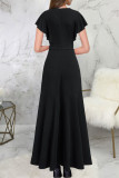 Black Elegant Solid Patchwork Flounce Asymmetrical V Neck Straight Dresses