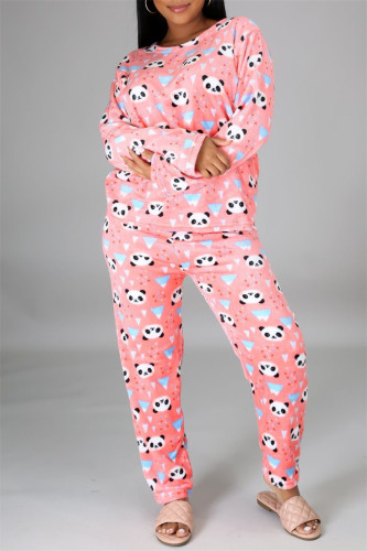 Pink Fashion Casual Living Print Patchwork O Neck Long Sleeve Two Pieces