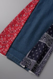 Blauwe casual jeans met patchwork en hoge taille met streetprint