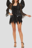 Zwarte Halloween-mode Sexy patchwork doorschijnende asymmetrische U-hals jurken met lange mouwen